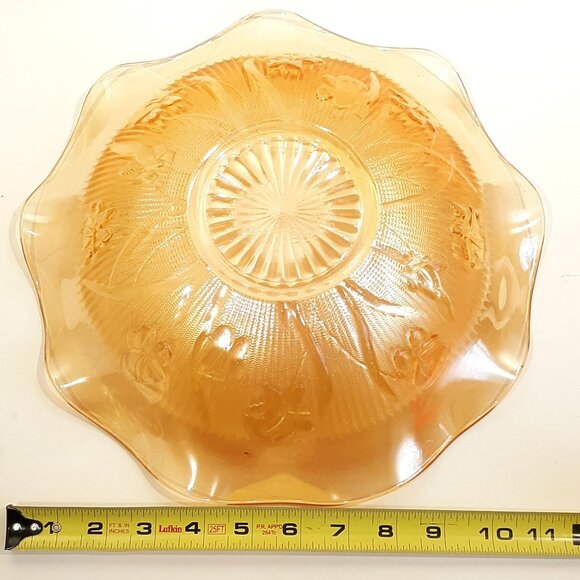 Jeanette Glass Iris & Herringbone Ruffled Edge Iridescent Depression Glass Bowl. - Picture 7 of 7